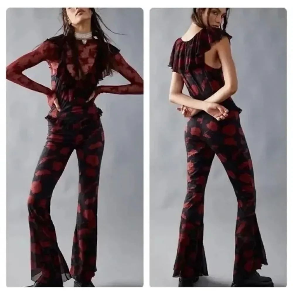 Free People Austyn One Piece Floral Flare Wide Leg Ruffle Jumpsuit s
